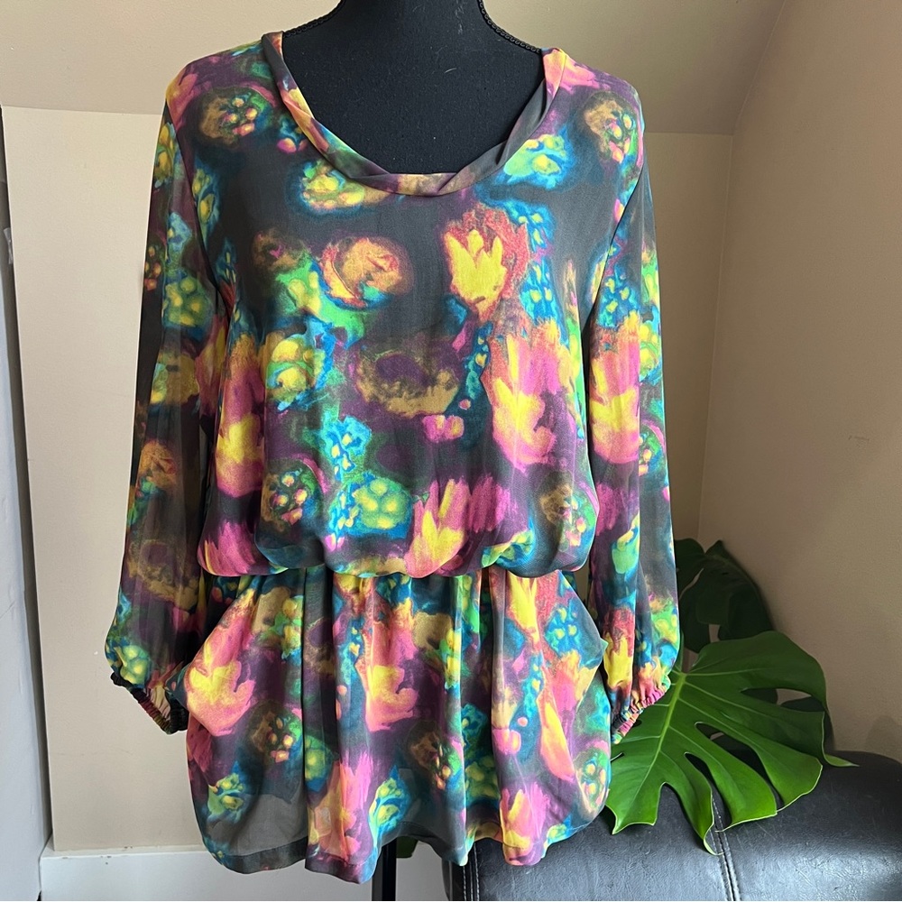 Oxford & Regent Abstract Bubble Dolman Sleeve Sheer Blouse Cinch Waist Size MED